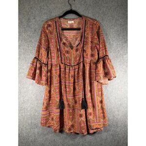 World Market Paisley Boho Bell Sleeve Tassel Mini Dress Small Peasant Resort